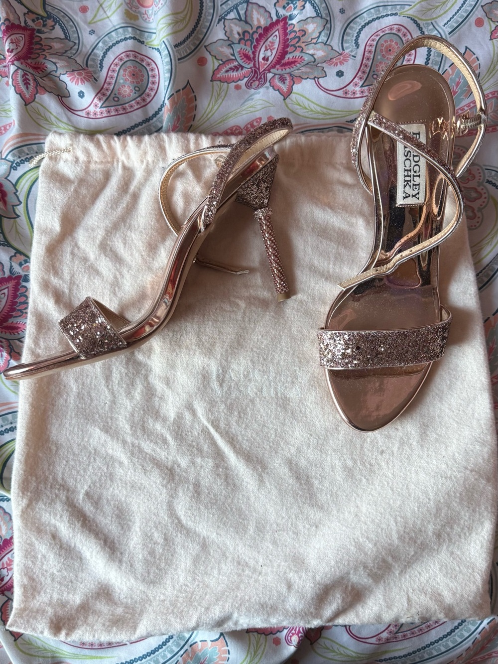 Badgley Mischka Rose Gold Glitter Strap Stilettos